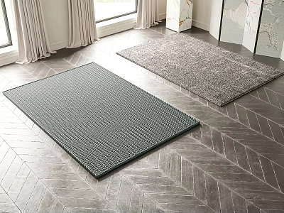 Gray Textured Square Rugs On Herringbone Wood Floor In Modern Interior 3d model