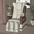 Modern White and Brown Leather Massage Chair in Room with Floor Lamp and Potted Plant
