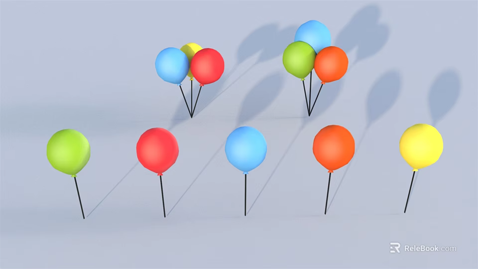Colorful Balloons In Various Colors Arranged On Sticks With Shadows 3d model 