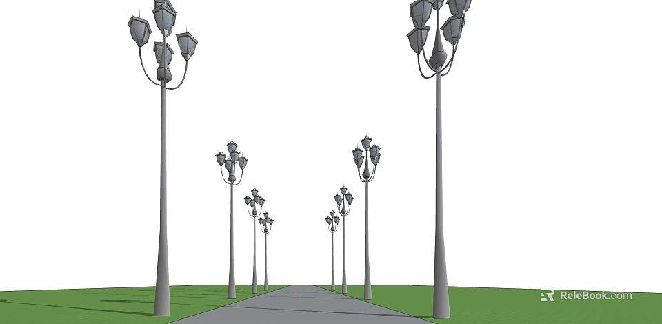 Outdoor Street Lights Lined Along Pathway With Green Grass And Multiple Lamp Posts 3d model 