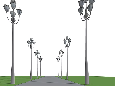 Outdoor Street Lights Lined Along Pathway With Green Grass And Multiple Lamp Posts 3d model