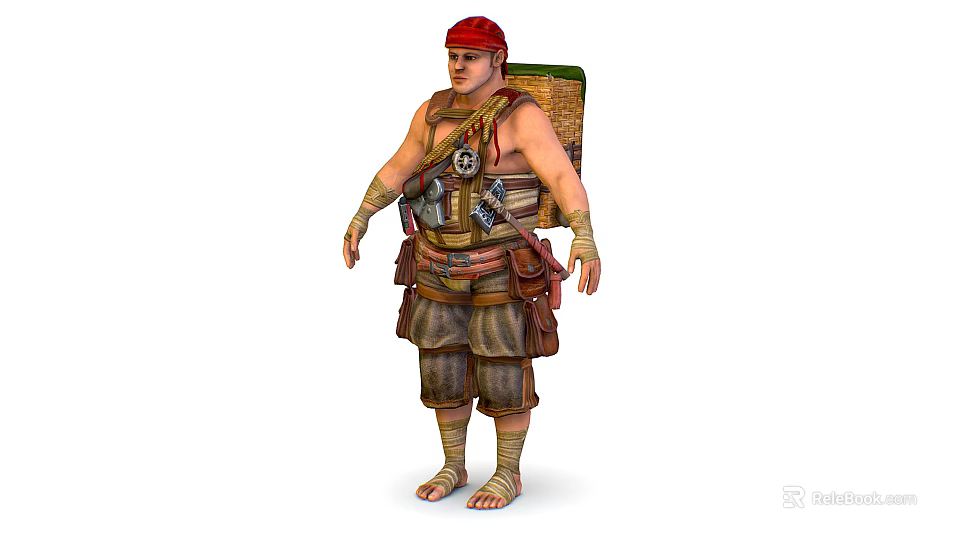 Fantasy Character With Red Headscarf Backpack And Beast Creature Companion 3d model 