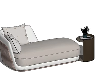 Modern Chaise Lounge in Gray Upholstery with Decorative Cushions Round Side Table and Potted Plant 3d model