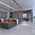 Modern Service Hall Interior With Service Counter Digital Screen Waiting Seats And Green Plants