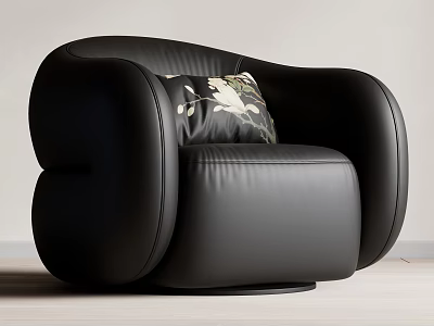 Modern Black Leather Single Sofa With Floral Decorative Pillow And Sleek Design For Living Room 3d model