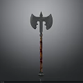 Ancient Battle Axe Weapon With Metallic Head Intricate Carvings And Red Orange Handle