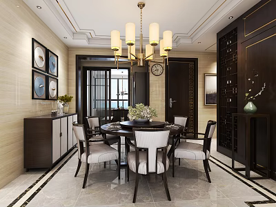 Traditional Chinese Restaurant Interior With Chandelier Dining Table And Decorative Paintings 3d model