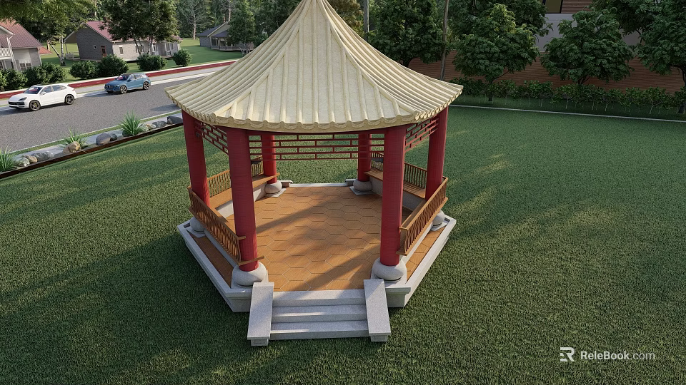 Traditional Chinese Pavilion With Golden Roof Red Pillars And Green Lawn 3d model 