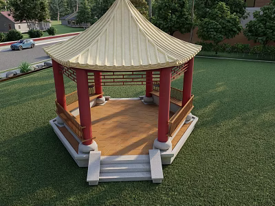 Traditional Chinese Pavilion With Golden Roof Red Pillars And Green Lawn 3d model