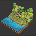 Vibrant 3D Nature Scene with Green Trees Blue Water Yellow Ground and Pink Flowers