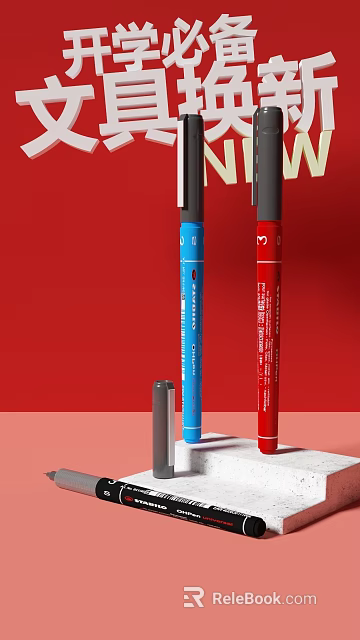 Stylish Colored Writing Pens With Red Blue Bodies And Gray Accent Caps 3d model 