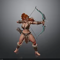 Woman with red hair in tribal warrior outfit holding bow and arrow ready to shoot