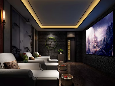 SPA Sauna Interior Design With White Sofas Cushions Round Side Tables Decorative Painting And Lighting 3d model