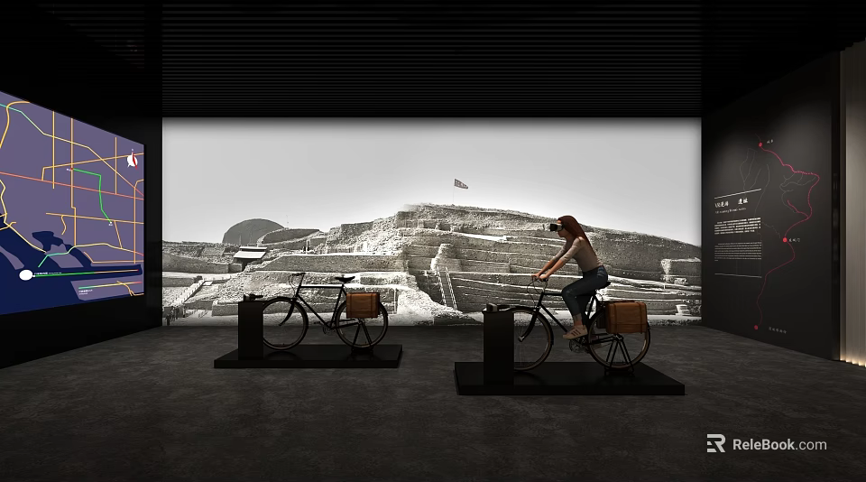 Cultural Center Interactive Bicycle Experience With Ancient Ruins Projection Background 3d model 