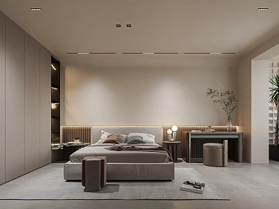 Modern Bedroom Interior Design With Platform Bed Built In Wardrobes Ceiling Lighting And Decorative Plant 3d model