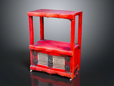 Red Wooden Two Tier Storage Cabinet With Open Shelf Lattice Door And Metal Accents 3d model