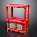 Red Wooden Two Tier Storage Cabinet With Open Shelf Lattice Door And Metal Accents