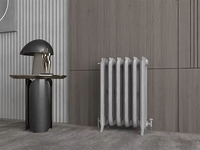Modern Radiator With Black Lamp And Small Table Against Wooden Wall And Gray Floor 3d model