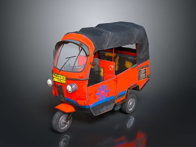 Stylish Orange Tricycle Motorcycle With Black Canopy And Colorful Decorative Patterns 3d model