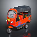 Stylish Orange Tricycle Motorcycle With Black Canopy And Colorful Decorative Patterns