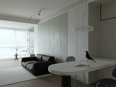 Modern Apartment With Sea View Black Leather Sofa White Round Dining Table And Minimalist Design 3d model
