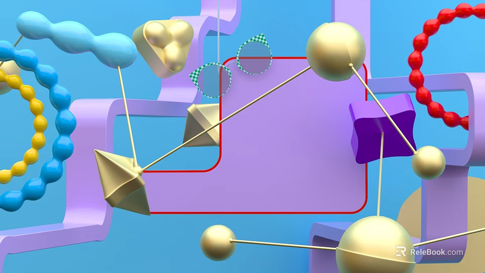 Colorful Geometric Decor Elements With Golden Spheres Purple Cubes Blue Curves And Red Beads 3d model 