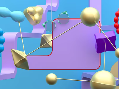 Colorful Geometric Decor Elements With Golden Spheres Purple Cubes Blue Curves And Red Beads 3d model