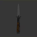 Long Slender Blade Knife With Wooden And Black Handle Standing Upright On Grey Background