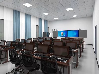 Modern Meeting Room With Computers Desks Chairs Large Screens Blue Curtains And White Walls 3d model