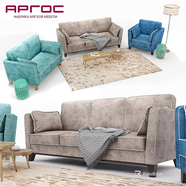 Gray Double Sofa With Cozy Blanket Light Blue Armchair And Wooden Coffee Table 3d model 