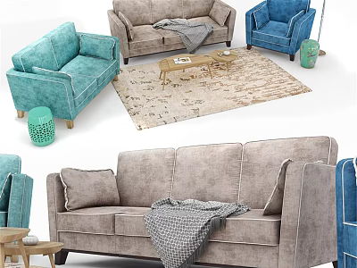 Gray Double Sofa With Cozy Blanket Light Blue Armchair And Wooden Coffee Table 3d model