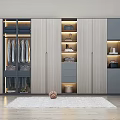 Modern Light Wood And Gray Wardrobe With Hanging Clothes Drawers And Open Shelves Lighting