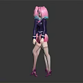 Anime Schoolgirl Character Front Back View With Pink Hair Black Coat Plaid Skirt And High Heels