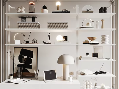 Modern Minimalist Ornament Combination on White Display Shelves with Lamp Clock Sculptures and Photo Frames 3d model