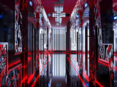 Modern Luxurious Bar Corridor With Red Lighting Black Decor Mirrors And Carvings 3d model