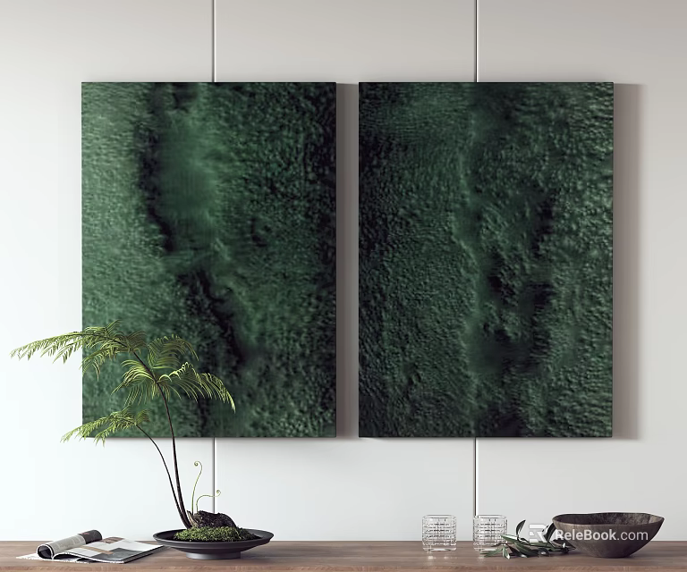Two Green Abstract Wall Art Paintings With Textured Canvas And Palm Plant Home Decor 3d model 
