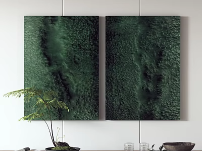 Two Green Abstract Wall Art Paintings With Textured Canvas And Palm Plant Home Decor 3d model