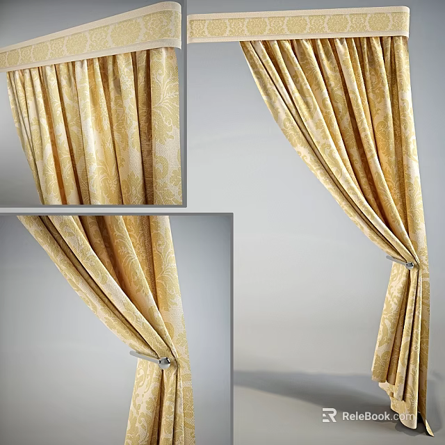 Elegant Yellow Damask Curtains With Satin Fabric And Tie Back Design 3d model 