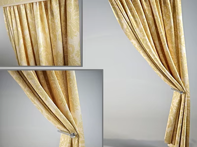 Elegant Yellow Damask Curtains With Satin Fabric And Tie Back Design 3d model
