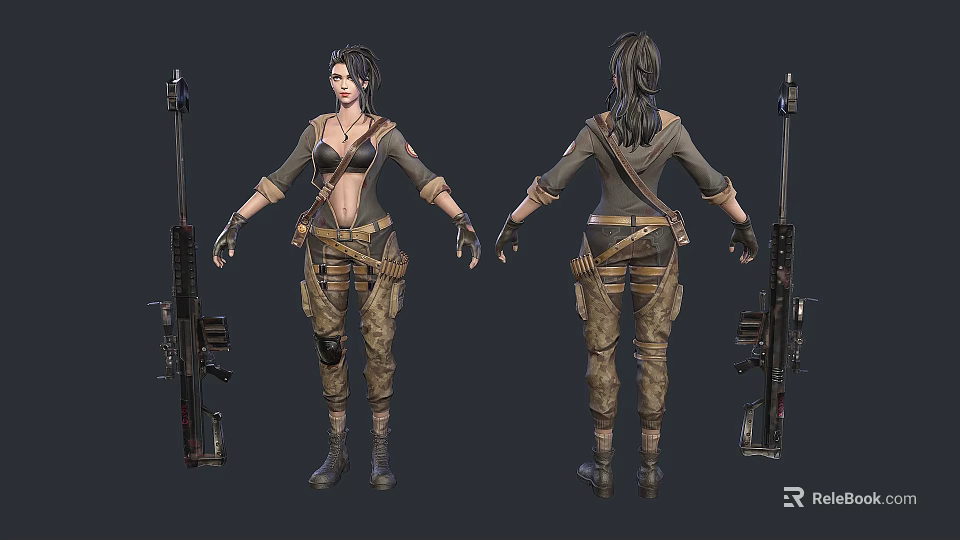 Woman In Combat Style Outfit With Tactical Gear And Firearm Front Back Views 3d model 