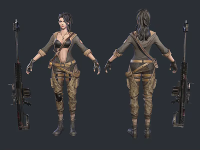 Woman In Combat Style Outfit With Tactical Gear And Firearm Front Back Views 3d model