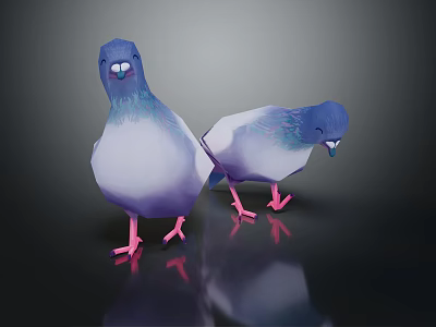 Two Blue Purple Pigeons With Pink Feet 3D Model On Dark Background With Reflection 3d model