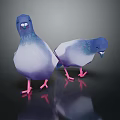 Two Blue Purple Pigeons With Pink Feet 3D Model On Dark Background With Reflection