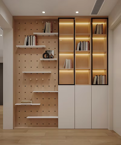 Modern Wooden Bookcase With Open Shelves LED Lighting And Storage Design 3d model