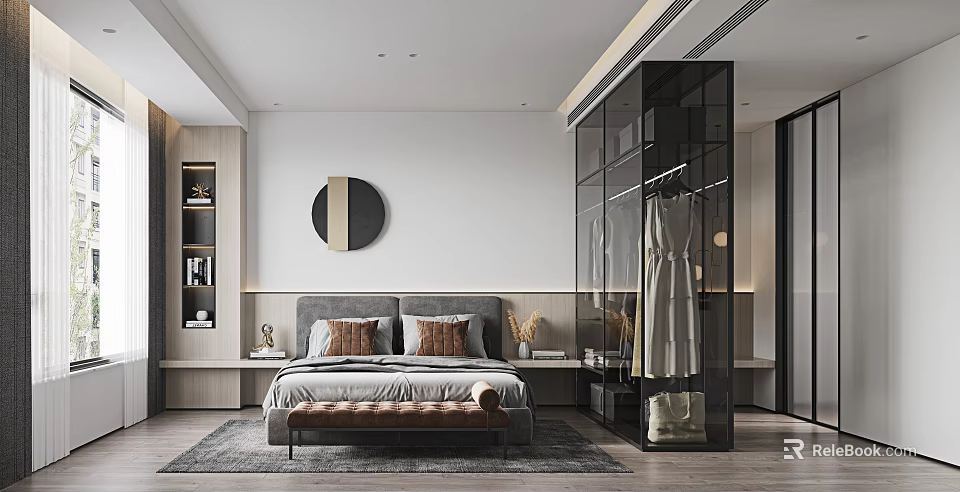 Modern Bedroom Interior Design With Cozy Bed Glass Wardrobe And Circular Wall Art 3d model 