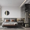 Modern Bedroom Interior Design With Cozy Bed Glass Wardrobe And Circular Wall Art