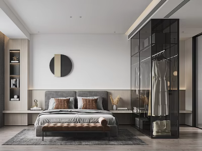 Modern Bedroom Interior Design With Cozy Bed Glass Wardrobe And Circular Wall Art 3d model