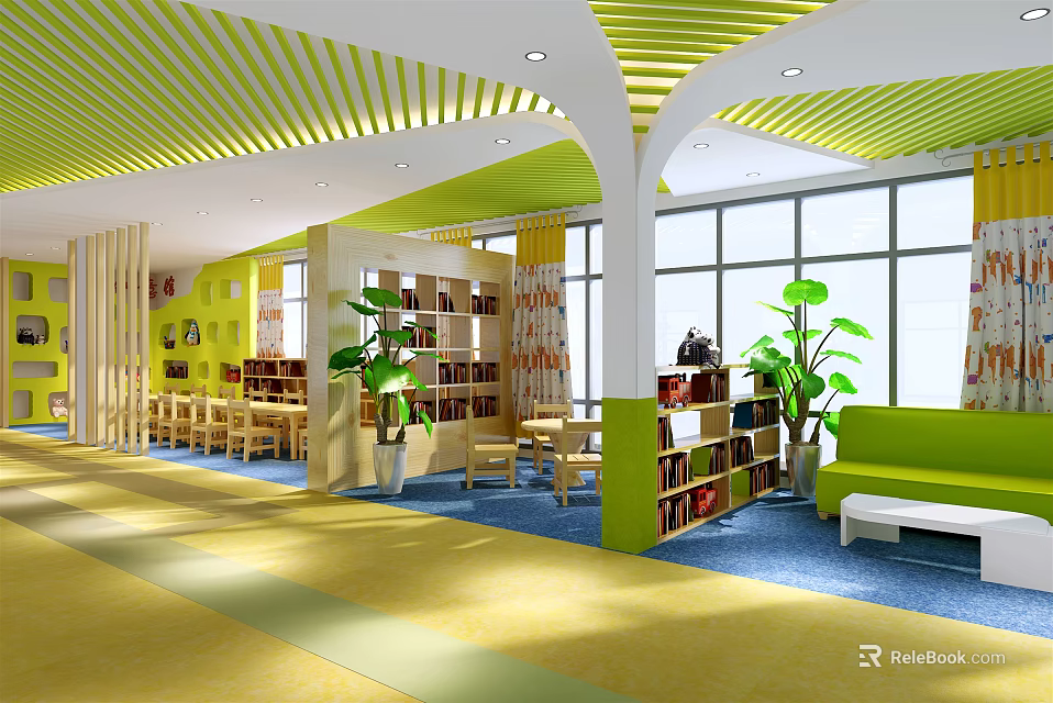 Kindergarten Interior With Green Yellow Ceiling Arched Structures Large Windows Bookshelves And Green Plants 3d model 