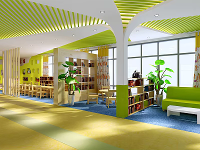 Kindergarten Interior With Green Yellow Ceiling Arched Structures Large Windows Bookshelves And Green Plants 3d model