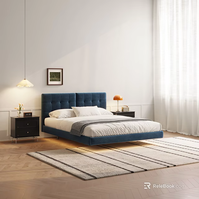 Blue Tufted Double Bed With Nightstands Table Lamps Area Rug And White Wall Art 3d model 